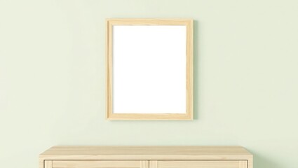 A blank, vertically oriented picture frame hangs above a light wood cabinet against a pastel green wall.