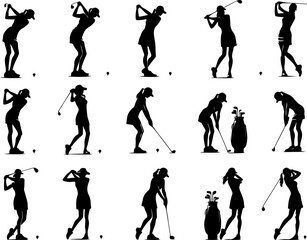 Fototapeta premium Vector sketch illustration of a collection of images of golf athletes hitting the ball on the field