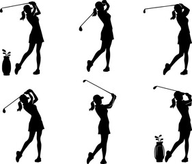 Vector sketch illustration of a collection of images of golf athletes hitting the ball on the field