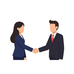 Fototapeta premium A vector illustration depicts two business people, a man and a woman, shaking hands in a gesture of agreement and partnership, isolated on a white background.