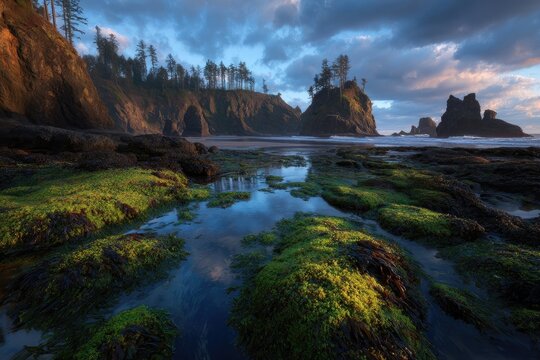Dramatic coastal scene at sunset with tide pools and rocky outcrops