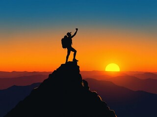 Triumph on the Summit: Climber’s Silhouette Celebrating at Sunset Over Majestic Mountains