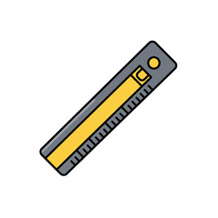 A graphic illustration depicts a yellow and gray ruler, a common tool used for measuring and drawing straight lines, isolated against a clean white background.
