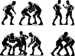 Vector sketch illustration of a collection of images of wrestling athletes in fighting poses copy