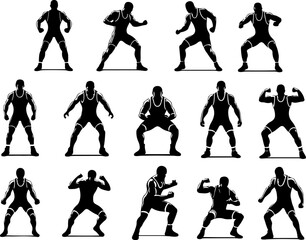 Vector sketch illustration of a collection of images of wrestling athletes in fighting poses