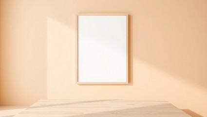 A blank white poster in a wooden frame hangs on a peach-colored wall with sunlight casting shadows on the wall and floor.