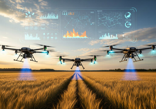 Robotics, smart farming, automation &mdash; a vast green agricultural field with autonomous drones spraying crops, while ground-based robots equipped with soil sensors collect environmental data.