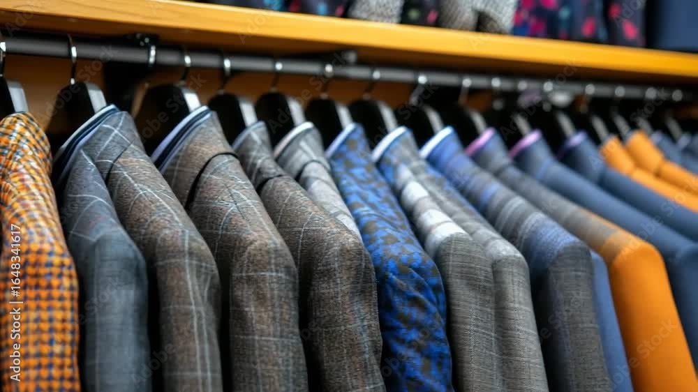 Poster Men's suits hanging on a rack in various colors and patterns