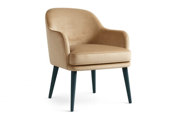 Fototapeta premium Comfortable beige velvet armchair with dark wooden legs, isolated on transparent background, perfect for interior design projects
