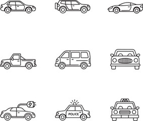  A line art icon set for cars and transportation, including a sedan, an SUV, a sports car, a pickup truck, a van, a police car, and a taxi. © Muntaha Studio