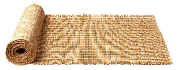 Rolled woven natural fiber mat with frayed edges image, Isolated On Png Transparent Background