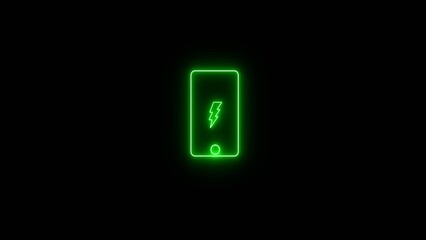 Neon glowing battery charging icon illustration. Smart phone fully charged sign. Neon lightning bolt, glowing sign.