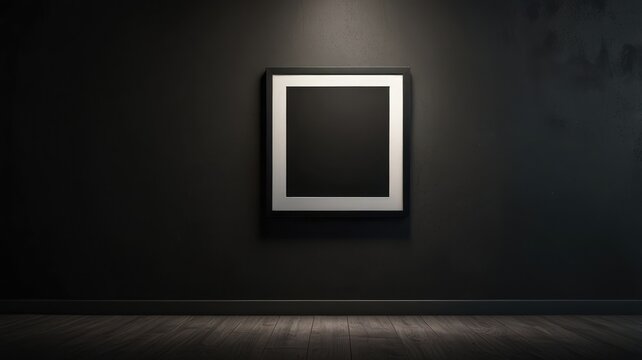 Empty picture frame on a dark wall, spotlight illuminating the artwork space.