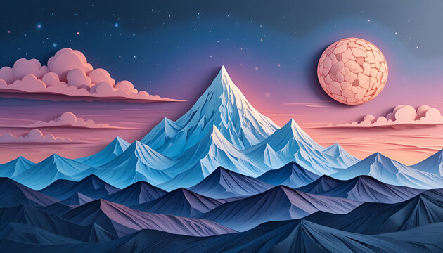 A majestic snowcapped mountain range under a starry night sky with a full moon