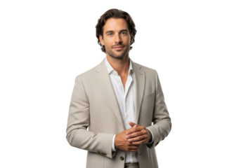 Professional businessman in beige suit stock photo with confident pose and expression, business concept image, isolated on transparent background