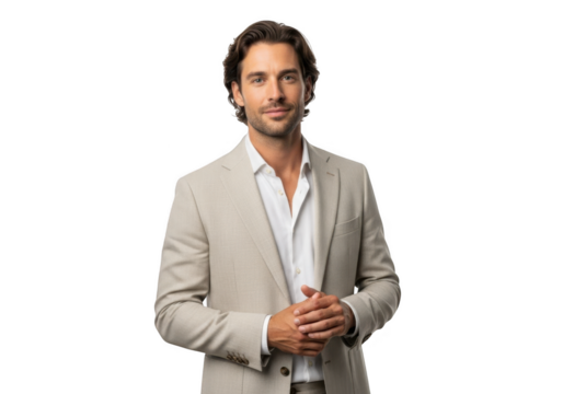 Professional businessman in beige suit stock photo with confident pose and expression, business concept image, isolated on transparent background