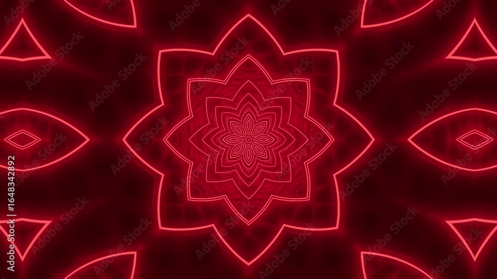 Poster dynamic red abstract tunnel with intricate geometric patterns and pulsing light, creating a mesmeriz