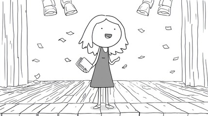 Cartoon girl on stage with falling papers under spotlights, stylized black and white