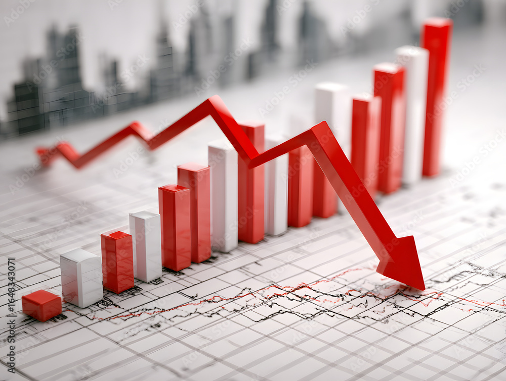 Poster a stock photo featuring a declining stock bar chart with a falling red arrow indicating a decrease i
