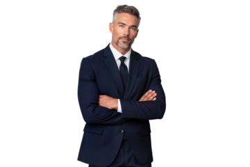 Confident middle-aged businessman in a sharp navy suit, standing with his arms crossed against a transparent background