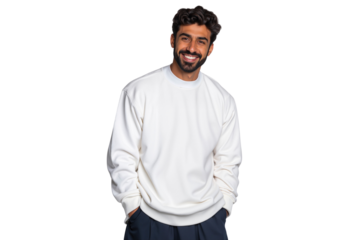 Happy and confident young Arab man with a warm smile, wearing a white sweatshirt and looking at the camera