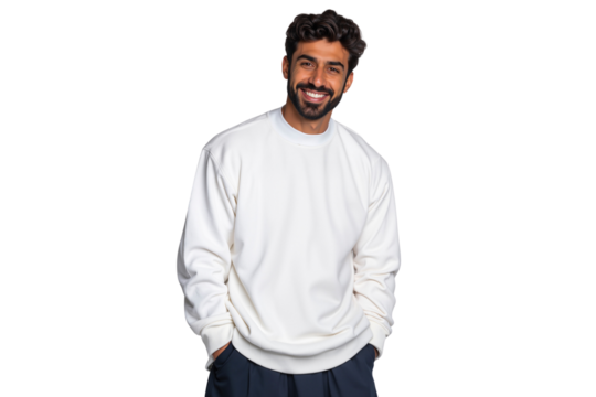 Happy and confident young Arab man with a warm smile, wearing a white sweatshirt and looking at the camera - Powered by Adobe