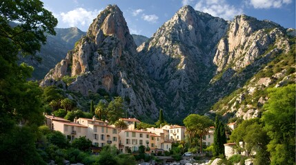 Picturesque village nestled amidst towering mountains.