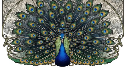 Elegant peacock illustration with art nouveau floral frame and feather details