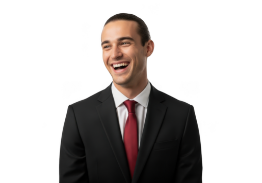 Smiling businessman in suit and red tie portrait headshot stock photo, cheerful happy expression isolated on transparent background