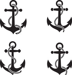 Set of four nautical anchors with rope, black and white illustrations