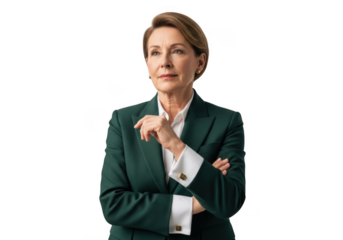 Professional businesswoman in green suit posing confidently with arms crossed stock photo portrait isolated on transparent background