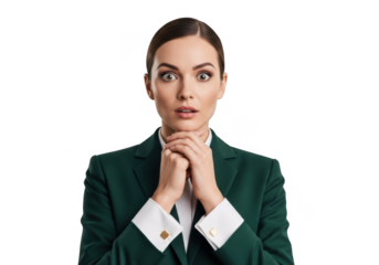 Worried businesswoman in green suit with hands clasped expressing concern and surprise, professional portrait, png image, isolated on transparent background