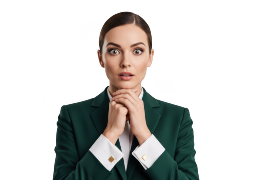 Worried businesswoman in green suit with hands clasped expressing concern and surprise, professional portrait, png image, isolated on transparent background