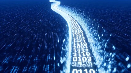 Glowing binary code flows through a dark abstract digital landscape - Powered by Adobe