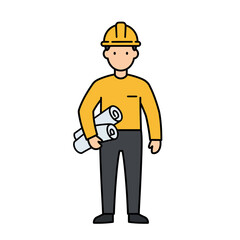 An isolated vector illustration depicts a male construction worker wearing a yellow hard hat and holding rolled blueprints, symbolizing planning and safety in the building industry.