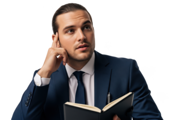 Pensive businessman in suit holding notebook thinking deeply planning strategy isolated on transparent background