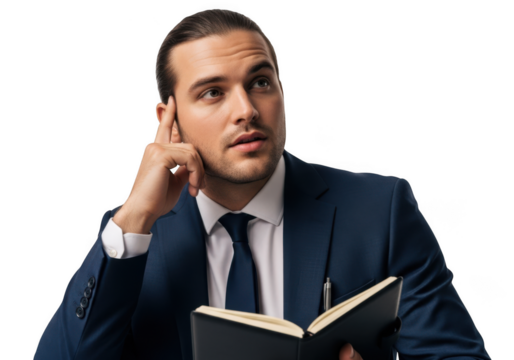Pensive businessman in suit holding notebook thinking deeply planning strategy isolated on transparent background
