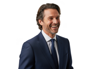 Smiling businessman in navy suit and tie portrait photography headshot stock image professional corporate isolated on transparent background