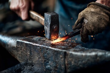 Gloved hands of a blacksmith shaping hot metal on an anvil with hammer, concept for craftsmanship, traditional skills and industrial heritage