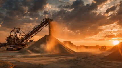 Large conveyor belt machine pouring sand during sunset in quarry, concept for mineral extraction, construction materials and heavy industry