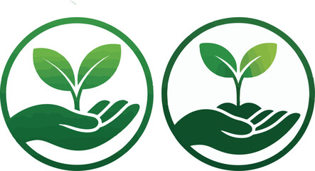 Green sprout growing from an open hand inside a circle