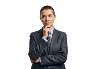 Pensive businesswoman in suit thinking deeply portrait image, professional woman contemplating isolated on transparent background