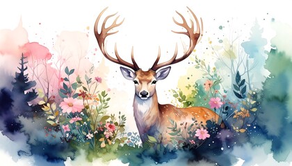 Watercolor deer in a floral forest