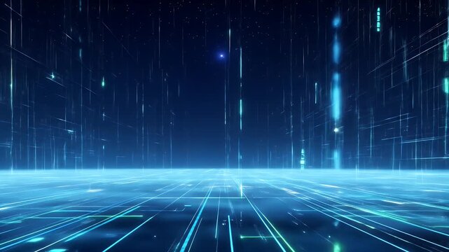 Digital grid with glowing lines and data streams in a dark environment