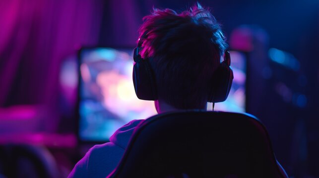 Teenage programmer with headphones focused on digital screen in room with neon light, concept for virtual reality, esports competition and online gaming