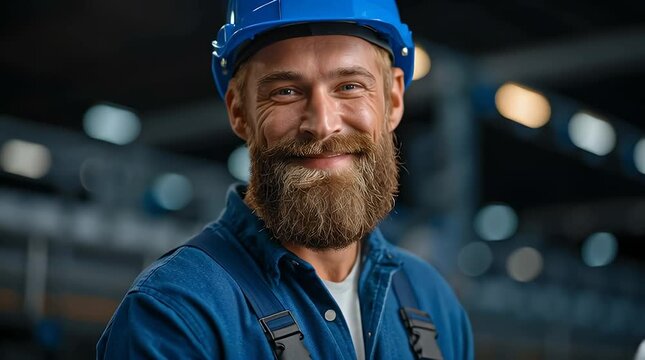 Smiling Engineer in a Safety Helmet: A confident and experienced engineer, donning a blue safety helmet, offers a warm smile, radiating competence and reliability in a workshop setting. 