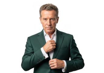 Professional businessman in green suit adjusting tie portrait, business executive, corporate image, isolated on transparent background