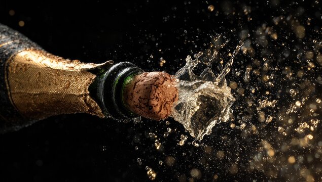 Champagne bottle cork popping, celebratory spray (1)