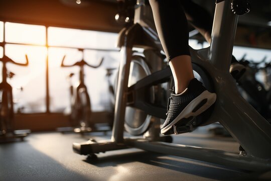 Close-up of woman's foot in athletic shoe on stationary bike pedal inside gym with sunlight, concept for fitness motivation, healthy lifestyle and workout routine