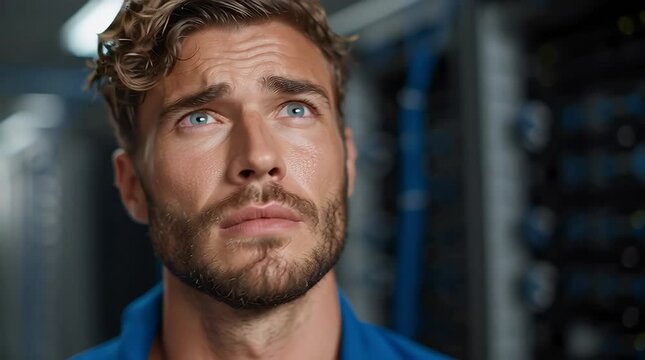 Introspective Glance: A close-up shot of a man with a focused gaze and a thoughtful look, conveying a sense of deep contemplation.